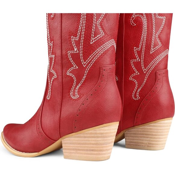 ⚡Women's Red Mid Calf Cowgirl Boots Pointy Toe Boot Embroidered Western - Picture 4 of 8
